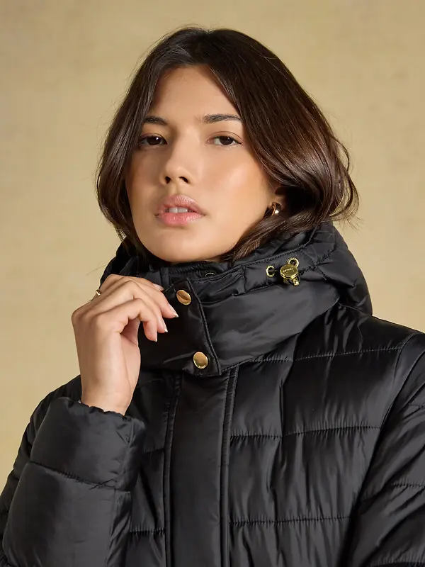 Joules Women's Windborough Showerproof Longline Padded Coat with Hood - Black Image 8