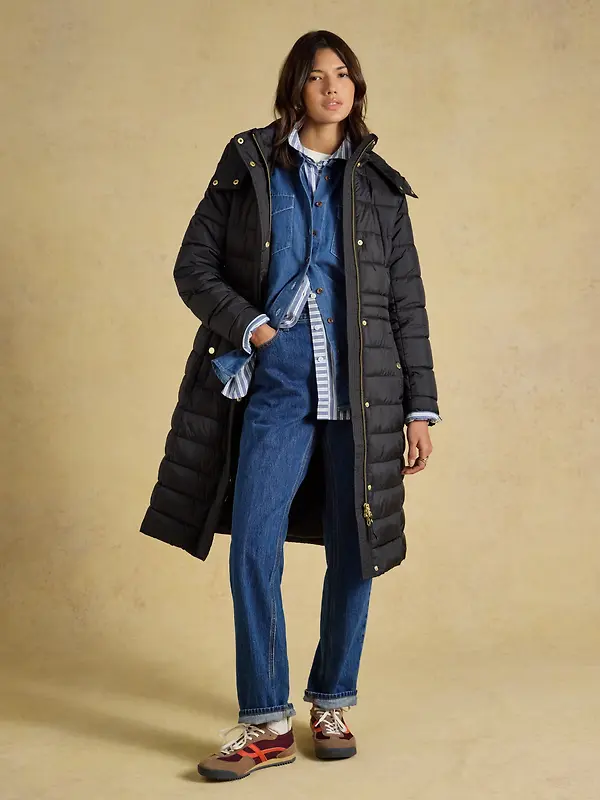 Joules Women's Windborough Showerproof Longline Padded Coat with Hood - Black Image 10
