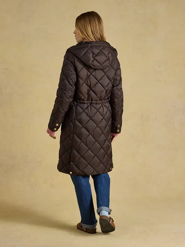 Joules Womens Chessington Showerproof Longline Diamond Quilted Coat with Hood - Chocolate Brown Image 2