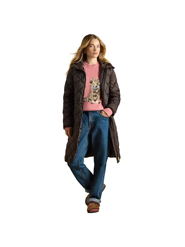 Joules Womens Chessington Showerproof Longline Diamond Quilted Coat with Hood - Chocolate Brown Image 1
