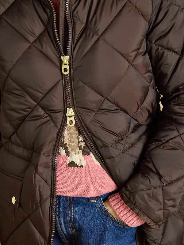 Joules Womens Chessington Showerproof Longline Diamond Quilted Coat with Hood - Chocolate Brown Image 4