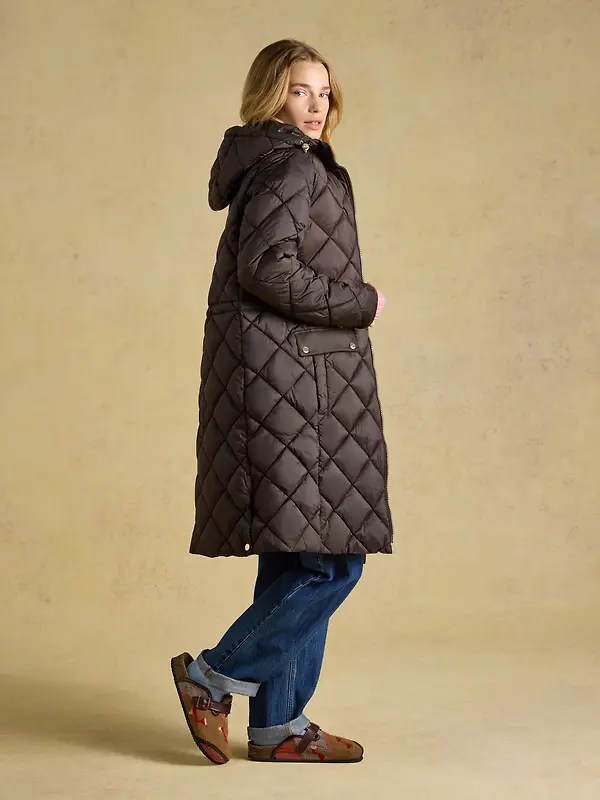 Joules Womens Chessington Showerproof Longline Diamond Quilted Coat with Hood - Chocolate Brown Image 5