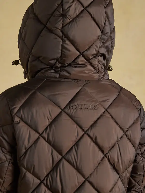 Joules Womens Chessington Showerproof Longline Diamond Quilted Coat with Hood - Chocolate Brown Image 9