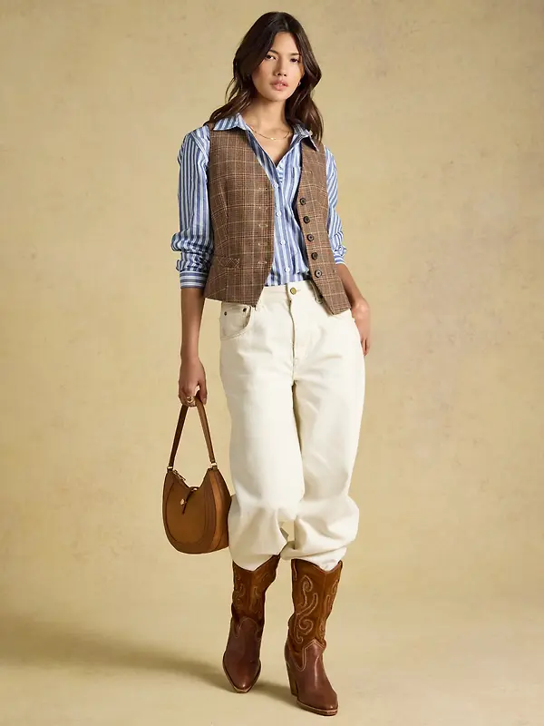 Joules Women's Foxley Check Wool Rich Check Tweed Waistcoat - Erica Tweed Image 7