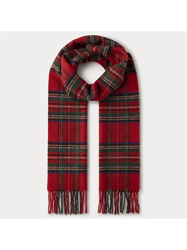 Hackett Men's Cashmere-Wool Logo Plaid Scarf - Red Stewart Tartan Image 1