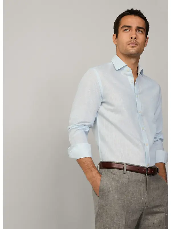 Hackett Men's Tailored Fit Linen Bengal Striped Shirt - Sky Blue Image 3