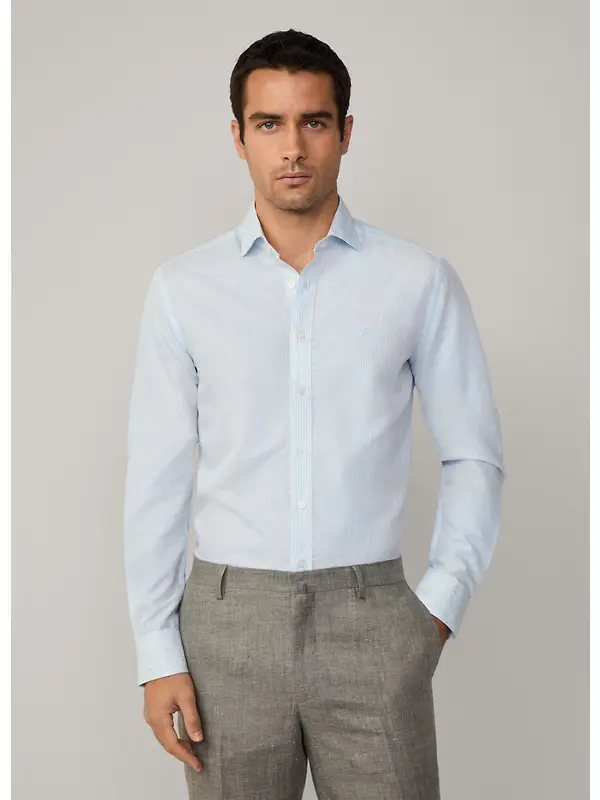 Hackett Men's Tailored Fit Linen Bengal Striped Shirt - Sky Blue Image 4