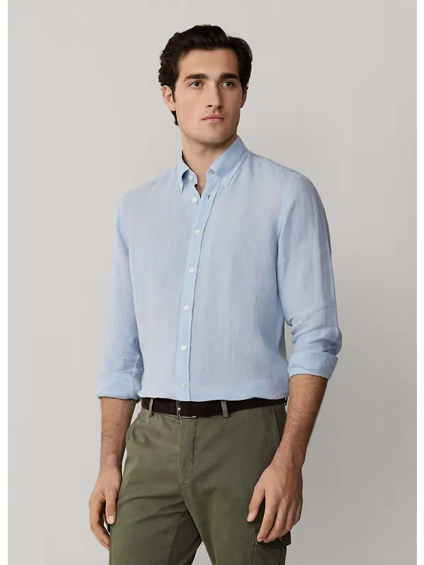 Hackett Men's Tailored Fit Garment Dyed Linen Shirt with Button Down Collar - Oxford Blue Image 2