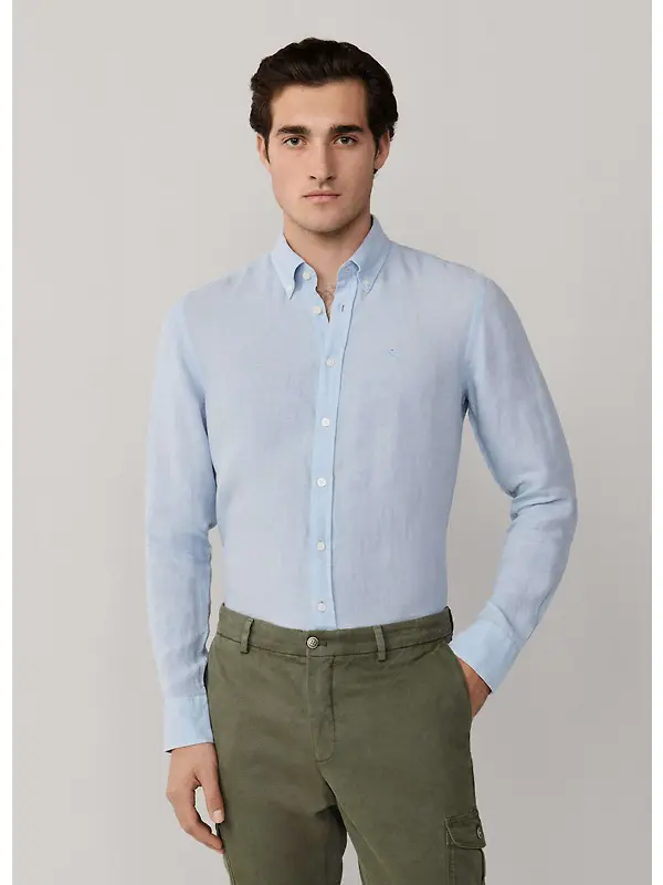 Hackett Men's Tailored Fit Garment Dyed Linen Shirt with Button Down Collar - Oxford Blue Image 3