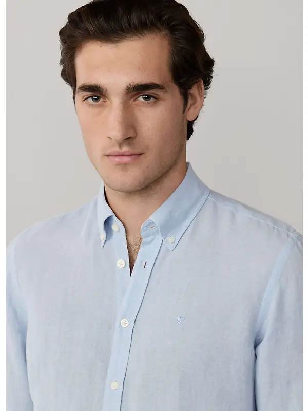 Hackett Men's Tailored Fit Garment Dyed Linen Shirt with Button Down Collar - Oxford Blue Image 4