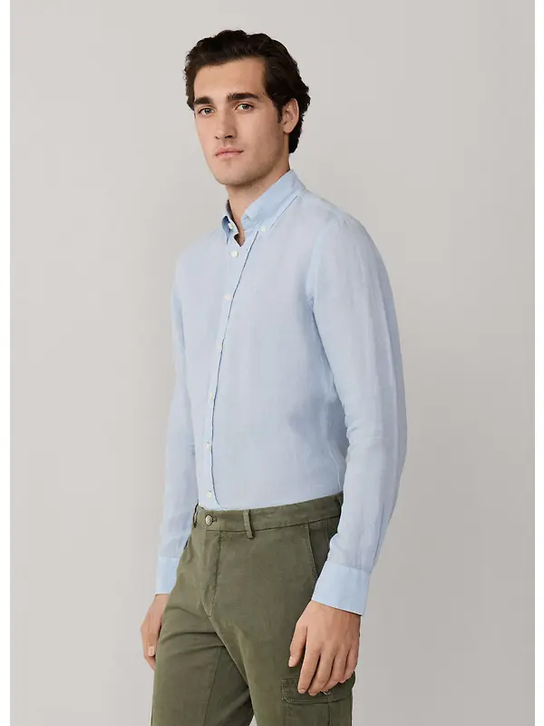 Hackett Men's Tailored Fit Garment Dyed Linen Shirt with Button Down Collar - Oxford Blue Image 5