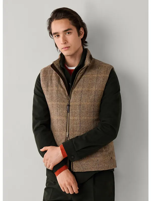 Hackett Men's Wool Blend Tattersall Padded Gilet - Tetley Beige Image 2