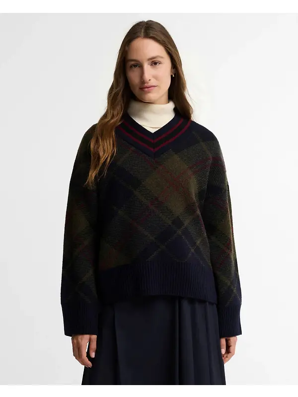 Barbour Women's Shae V-Neck Tartan Wool Jumper - Shadow Classic Tartan Image 2