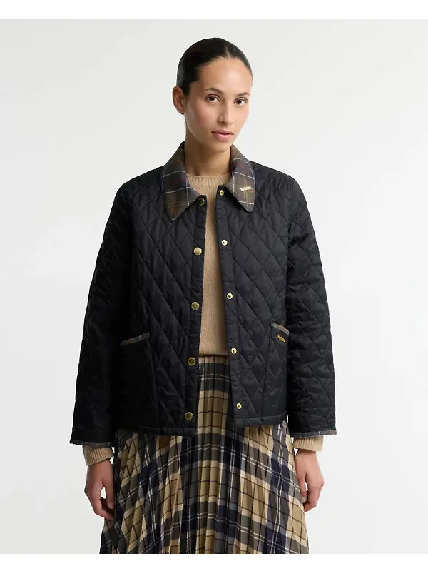Barbour Women's Icons Tartan Collar Cropped Liddesdale Quilted Jacket - Black / Classic Image 2