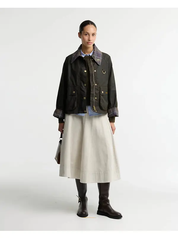 Barbour Women's Icons Tartan Collar Spey Waxed Jacket - Olive / Classic Image 3