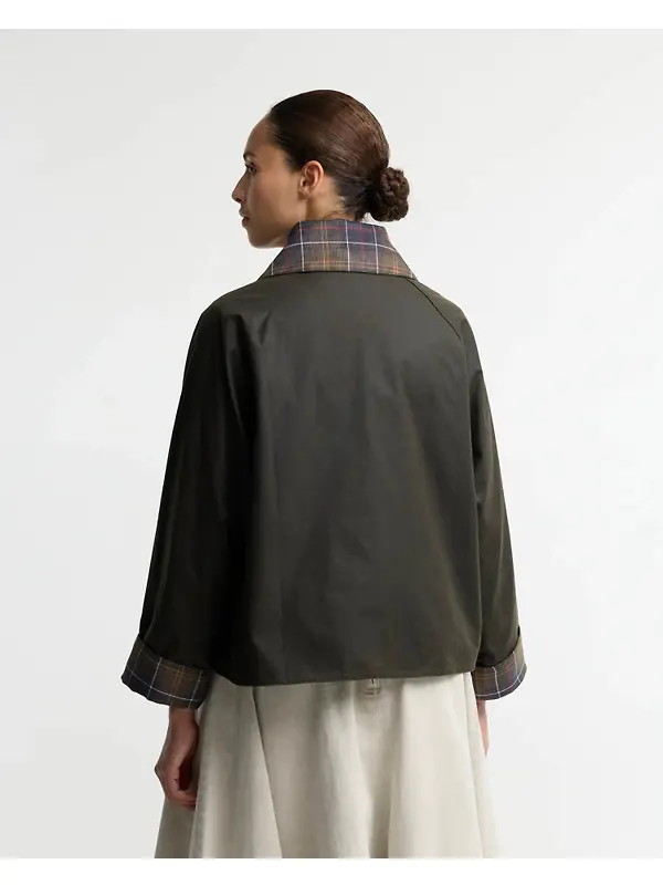 Barbour Women's Icons Tartan Collar Spey Waxed Jacket - Olive / Classic Image 4