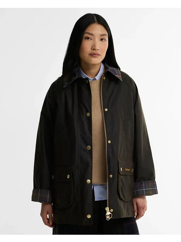 Barbour Women's Icons Tartan Collar Modern Beadnell Waxed Jacket - Olive / Classic Image 2