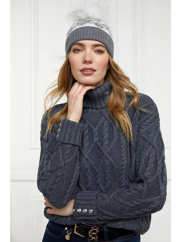 Holland Cooper Beatrice Beanie Bobble Hat -  Grey Marl Cream Image 3