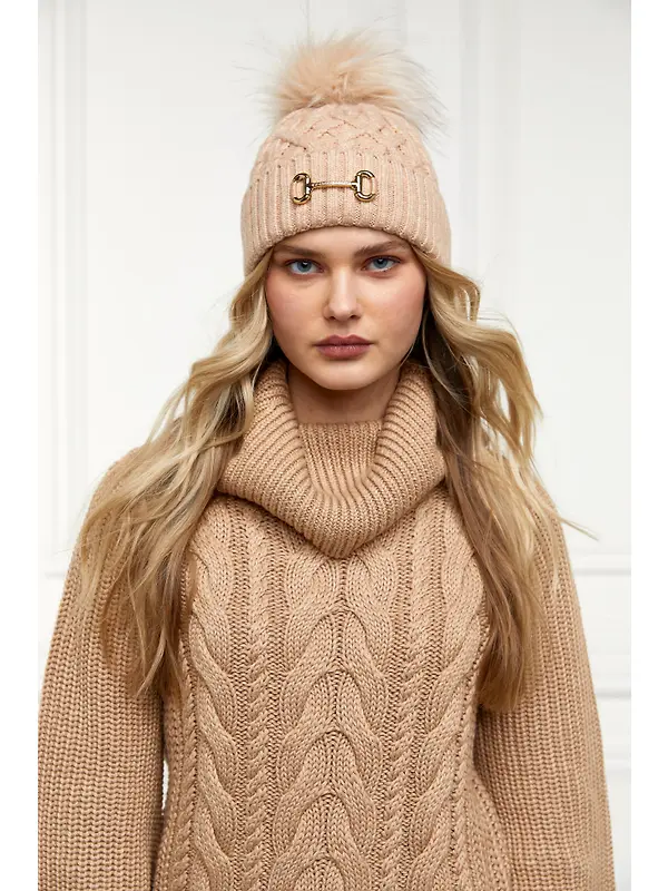 Holland Cooper Horsebit Beanie Bobble Hat - Camel Image 3