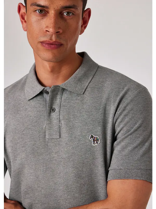 PS By Paul Smith Men's Cotton-Piqué Zebra Logo Polo Shirt - Grey Melange Image 3