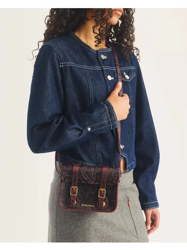 Dr. Martens 7" Floral Emboss Crazy Horse Leather Satchel - Cherry Red Image 2