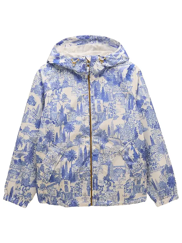 Joules Women's Rainly Waterproof Packable Raincoat with Hood - Cream & Blue Image 1
