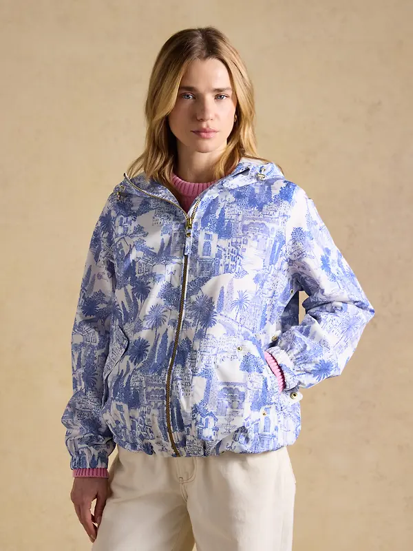 Joules Women's Rainly Waterproof Packable Raincoat with Hood - Cream & Blue Image 2