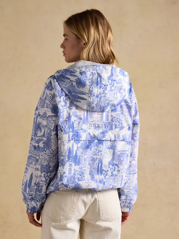 Joules Women's Rainly Waterproof Packable Raincoat with Hood - Cream & Blue Image 3