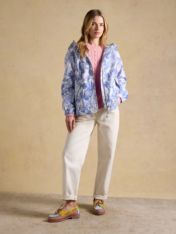 Joules Women's Rainly Waterproof Packable Raincoat with Hood - Cream & Blue Image 4
