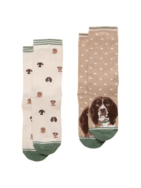 Joules Women's Everyday Cotton Blend Socks 2 Pack UK 4-8 - Neutral Spaniel Image 1