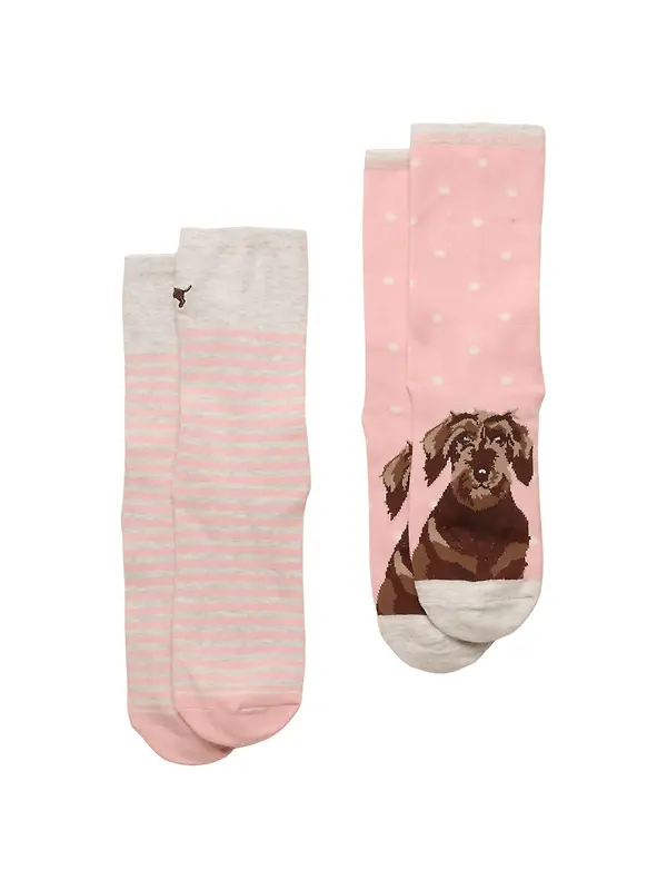 Joules Women's Everyday Cotton Blend 2 Pack Socks - Pink / Grey Dog Image 1