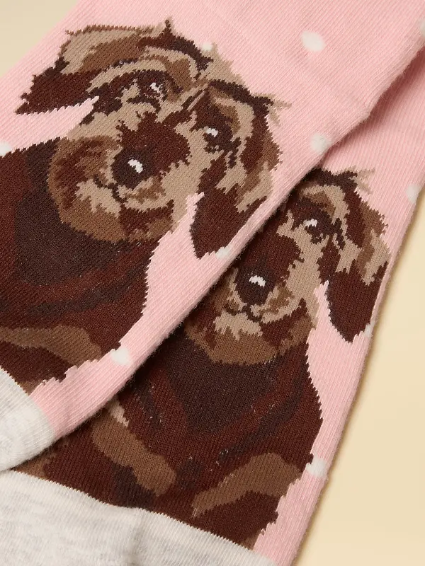 Joules Women's Everyday Cotton Blend 2 Pack Socks - Pink / Grey Dog Image 2