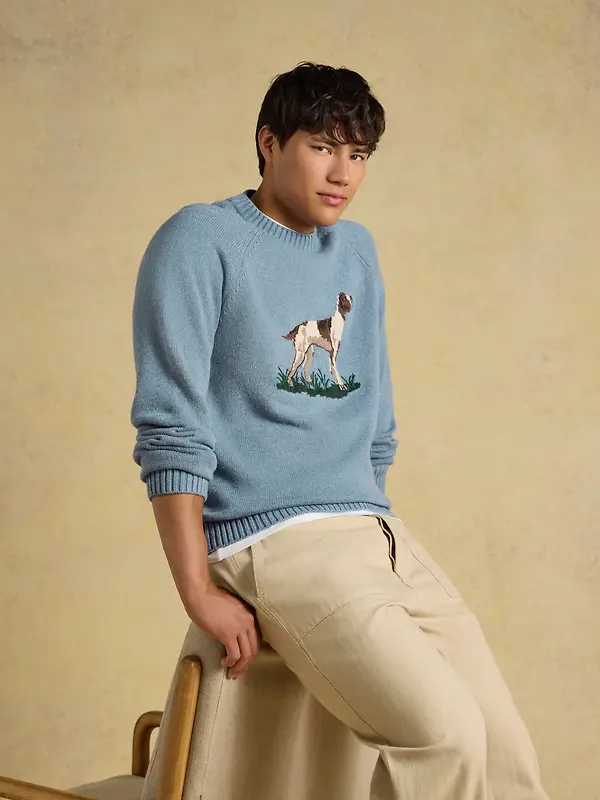 Joules Men's Intarsia Crew Neck Dog Jumper - Blue Image 8