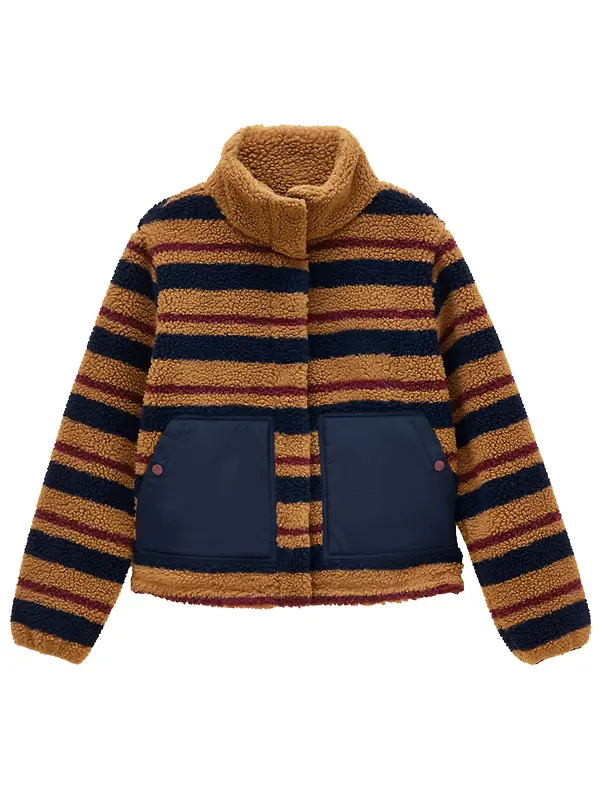 Joules Women's Lottie Zip Through Borg Fleece - Tan Brown Stripe Image 1