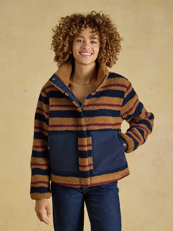 Joules Women's Lottie Zip Through Borg Fleece - Tan Brown Stripe Image 2