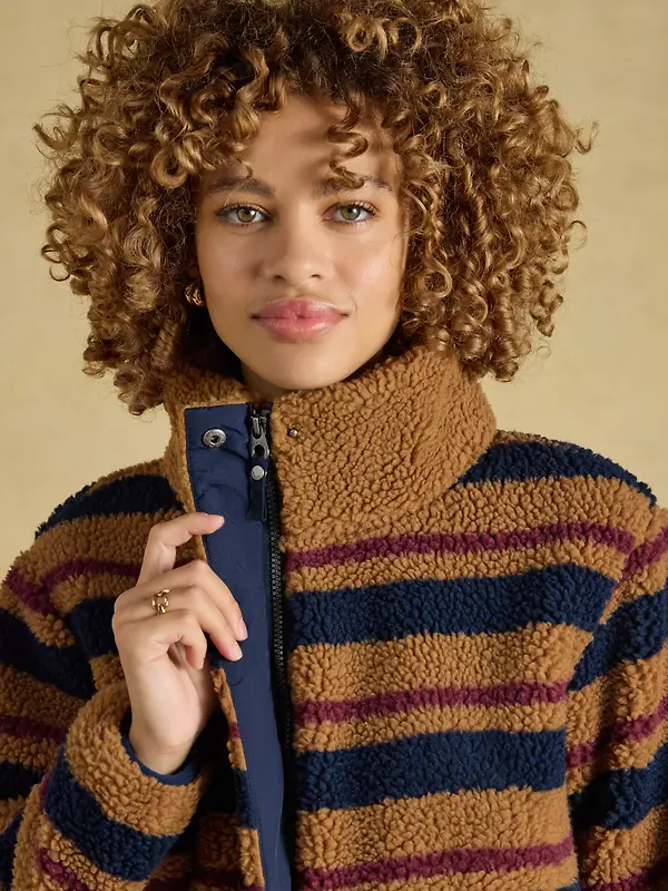 Joules Women's Lottie Zip Through Borg Fleece - Tan Brown Stripe Image 4