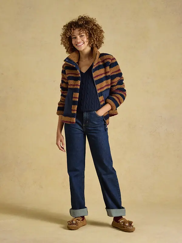 Joules Women's Lottie Zip Through Borg Fleece - Tan Brown Stripe Image 5