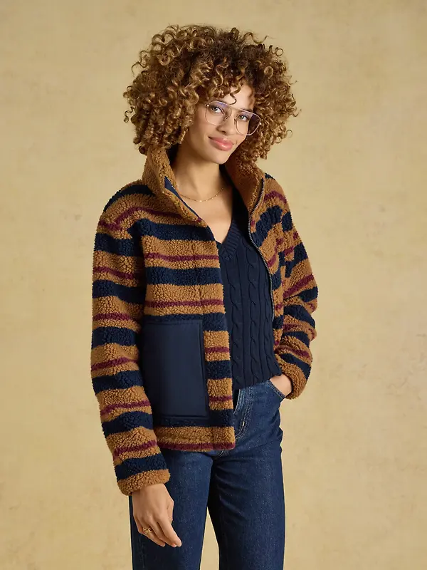 Joules Women's Lottie Zip Through Borg Fleece - Tan Brown Stripe Image 7