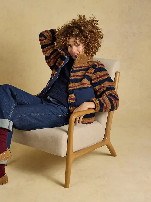 Joules Women's Lottie Zip Through Borg Fleece - Tan Brown Stripe Image 9