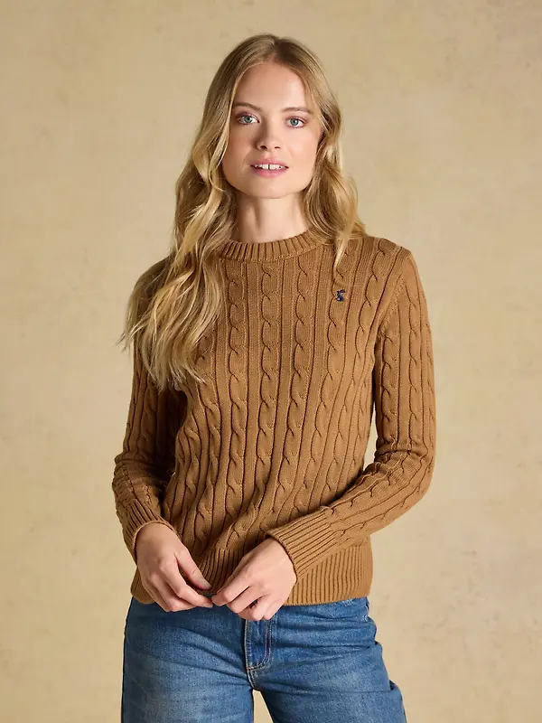 Joules Women's Classic Crew Neck Cotton Cable Knit Jumper - Camel Image 2