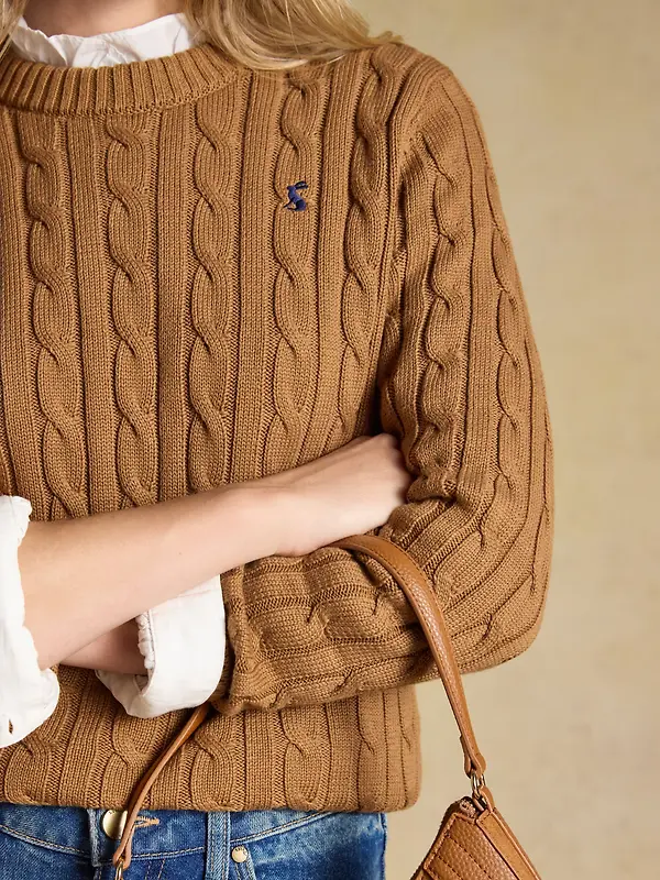 Joules Women's Classic Crew Neck Cotton Cable Knit Jumper - Camel Image 5