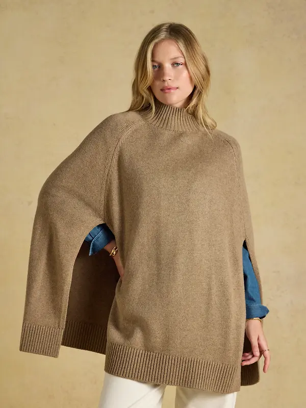 Joules Women's Horse Wool Blend High Neck Knitted Cape - Tan Brown Image 3