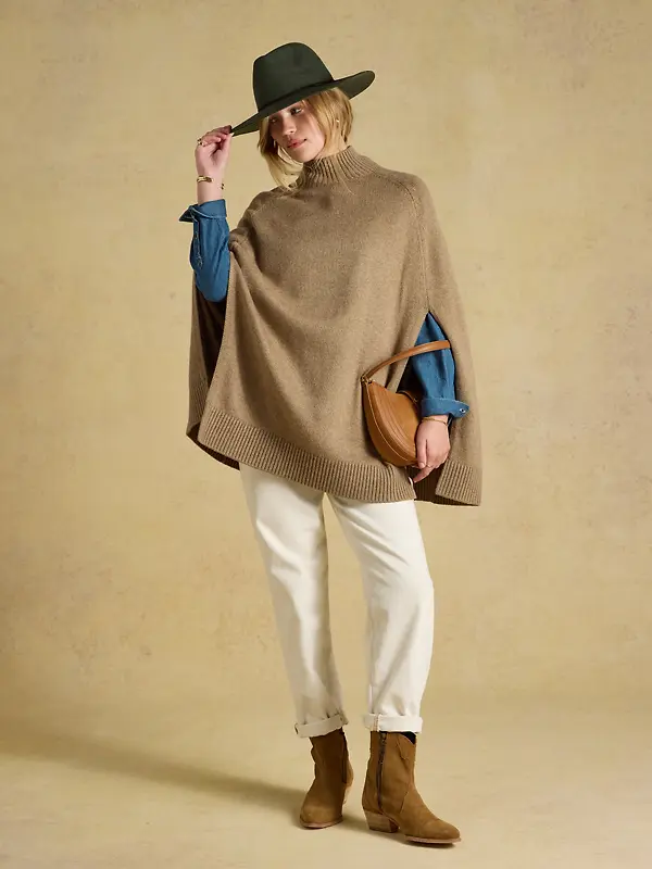 Joules Women's Horse Wool Blend High Neck Knitted Cape - Tan Brown Image 4