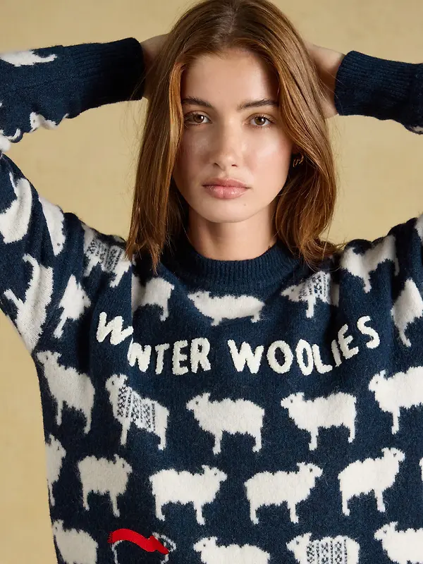 Joules Women's Sheep Icon Crew Neck Knitted Jumper - Navy Winter Woolies Image 5