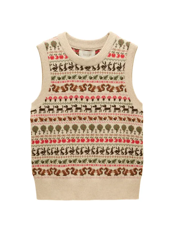 Joules Women's Orchard Pattern Cotton Blend Crew Neck Knitted Vest - Oatmeal Image 1
