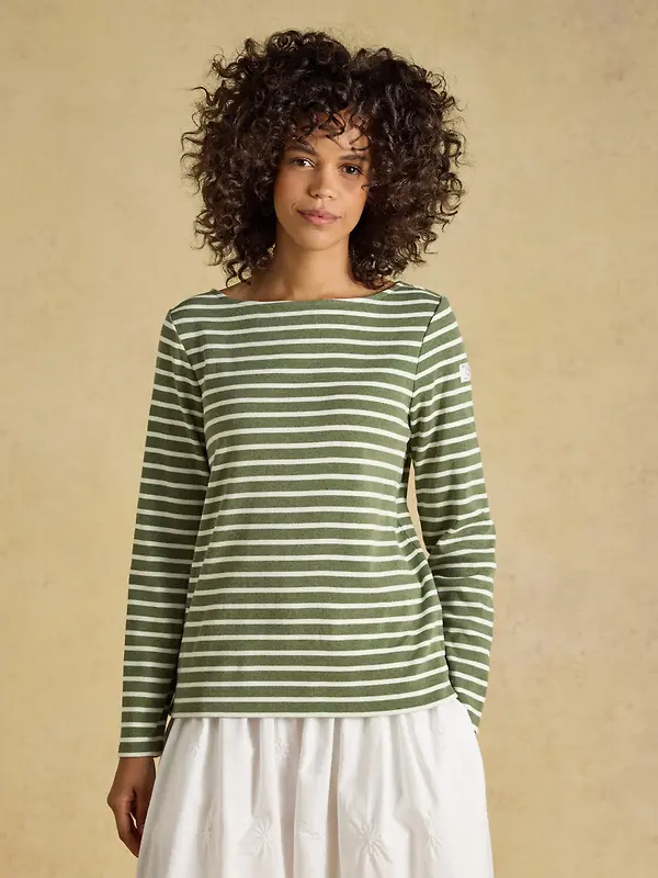 Joules Women's Harbour Long Sleeve Striped Boat Neck Breton Top - Khaki Marl Image 2