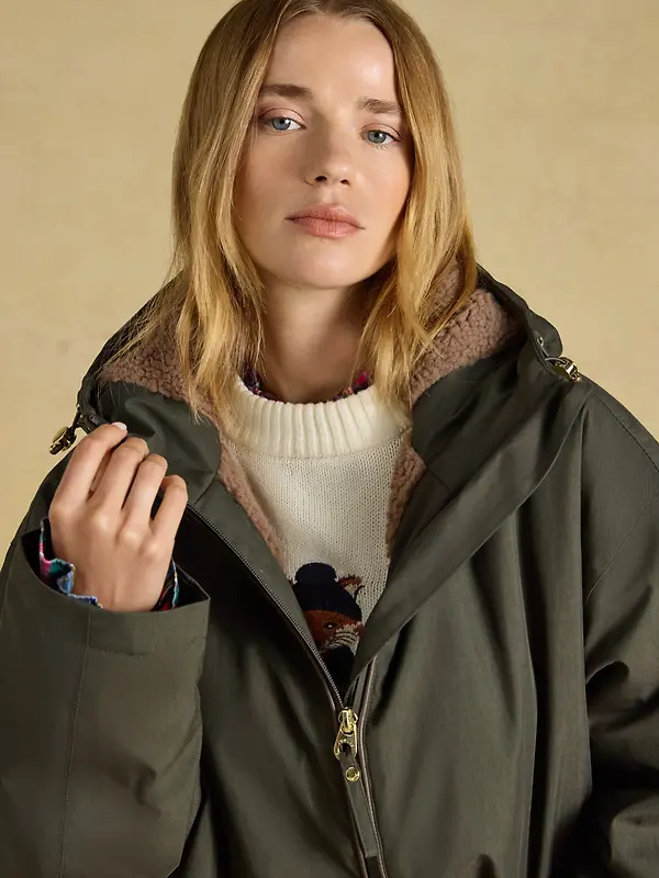 Joules Women's Coverall Oversized Fleece Lined Waterproof Coat - Green Image 4