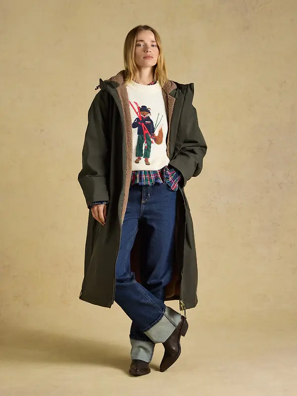 Joules Women's Coverall Oversized Fleece Lined Waterproof Coat - Green Image 6