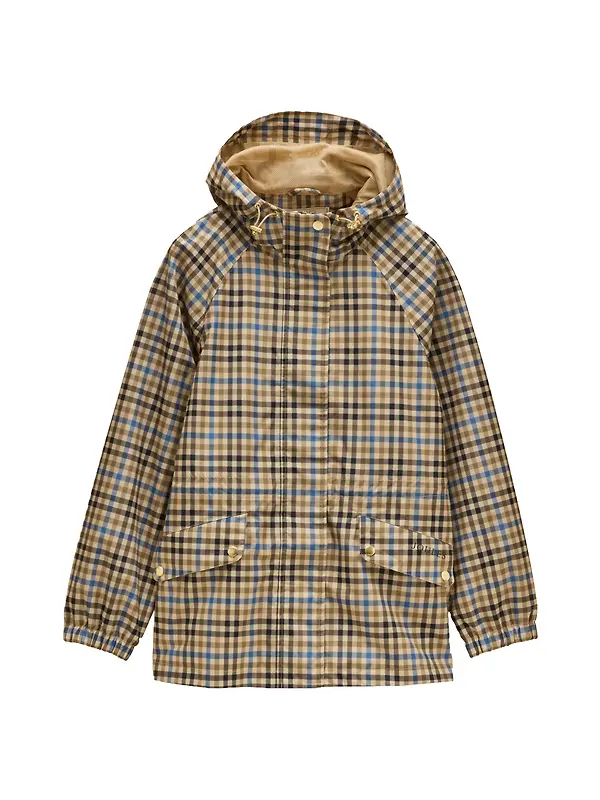 Joules Women's Everdry Waterproof Packable Raincoat With Hood - Tan Check Image 1