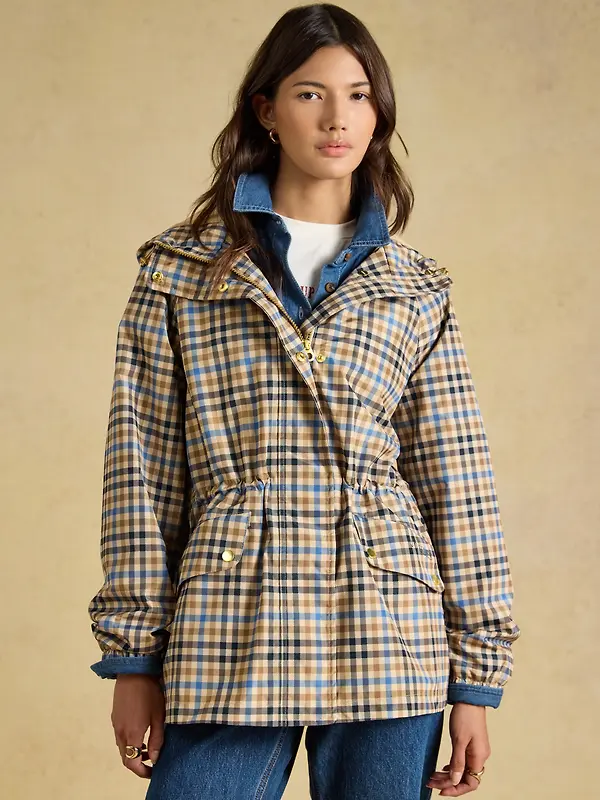 Joules Women's Everdry Waterproof Packable Raincoat With Hood - Tan Check Image 2